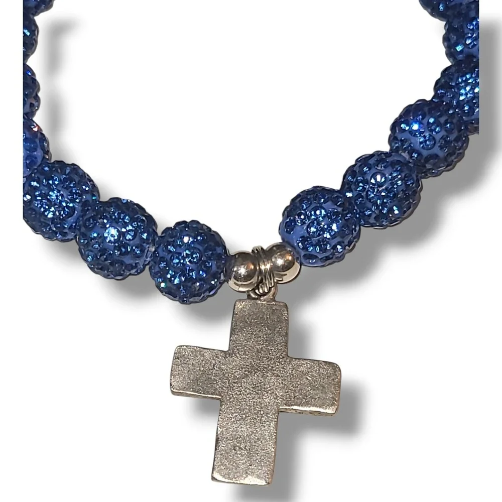 Blue Rhinestone Stretch Bracelet Silver‎ Tone Cross Charm Faith Jewelry